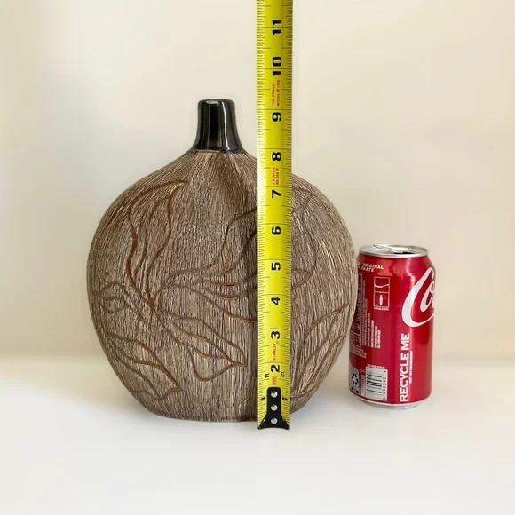 Decorative Ceramic Flat Round Brown Carved Vase - Picture 6 of 6